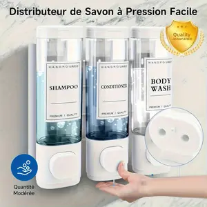 3 Pack Shower Dispensers for Shampoo, Conditioner & Body Wash, Wall Mounted Soap Dispenser Set, No Drilling, ABS Material, 10.14 oz x3, Ideal for Home, Hotel & Restaurant