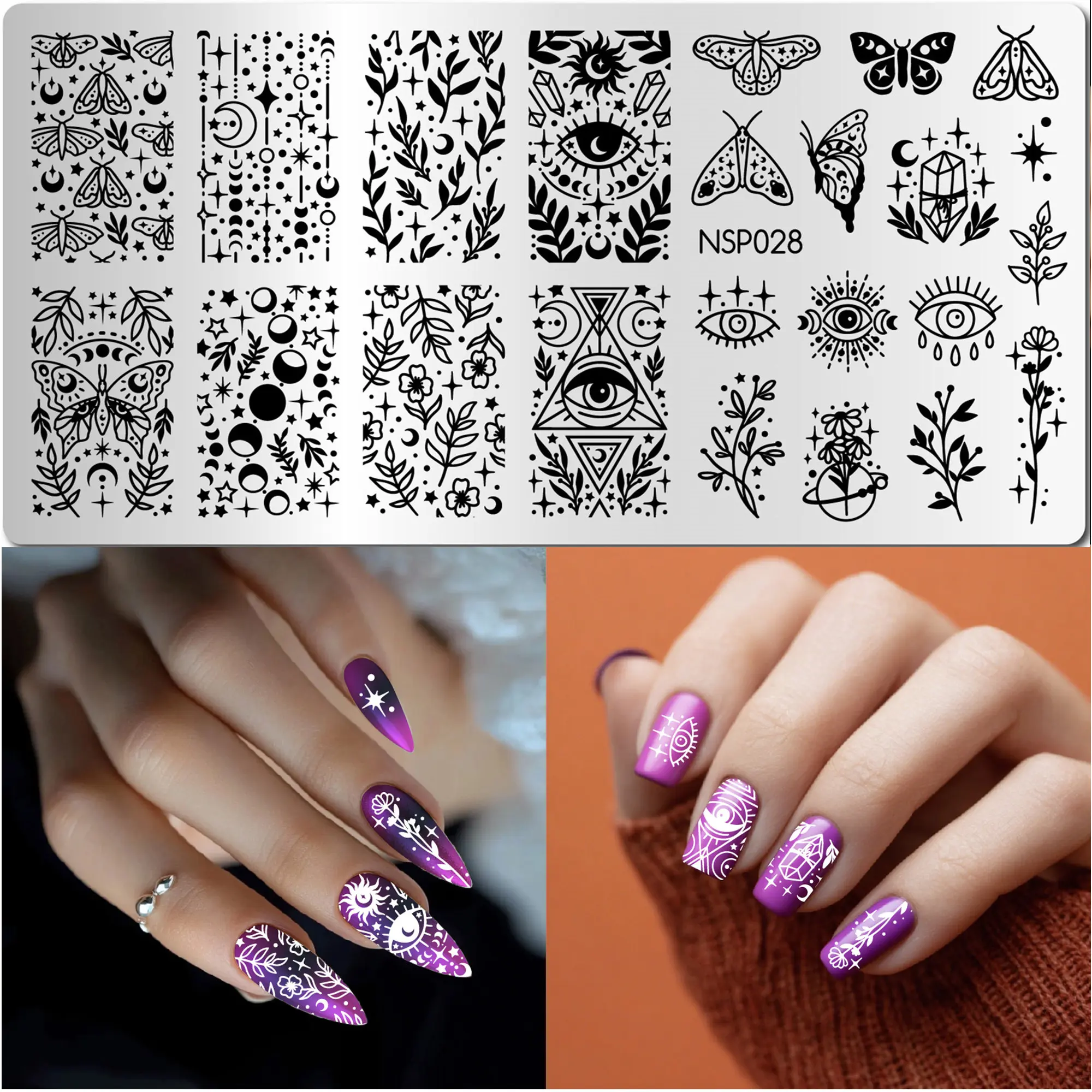 Nail Art Stamping Plate Tarot Moth Moon Phase Crystal Pattern Celestial Mysticism Theme Crystal Motifs for DIY Manicure Nail Art DIY Witchy Nail Stamping Template for Manicure Salon Tools Nail Art Supplies