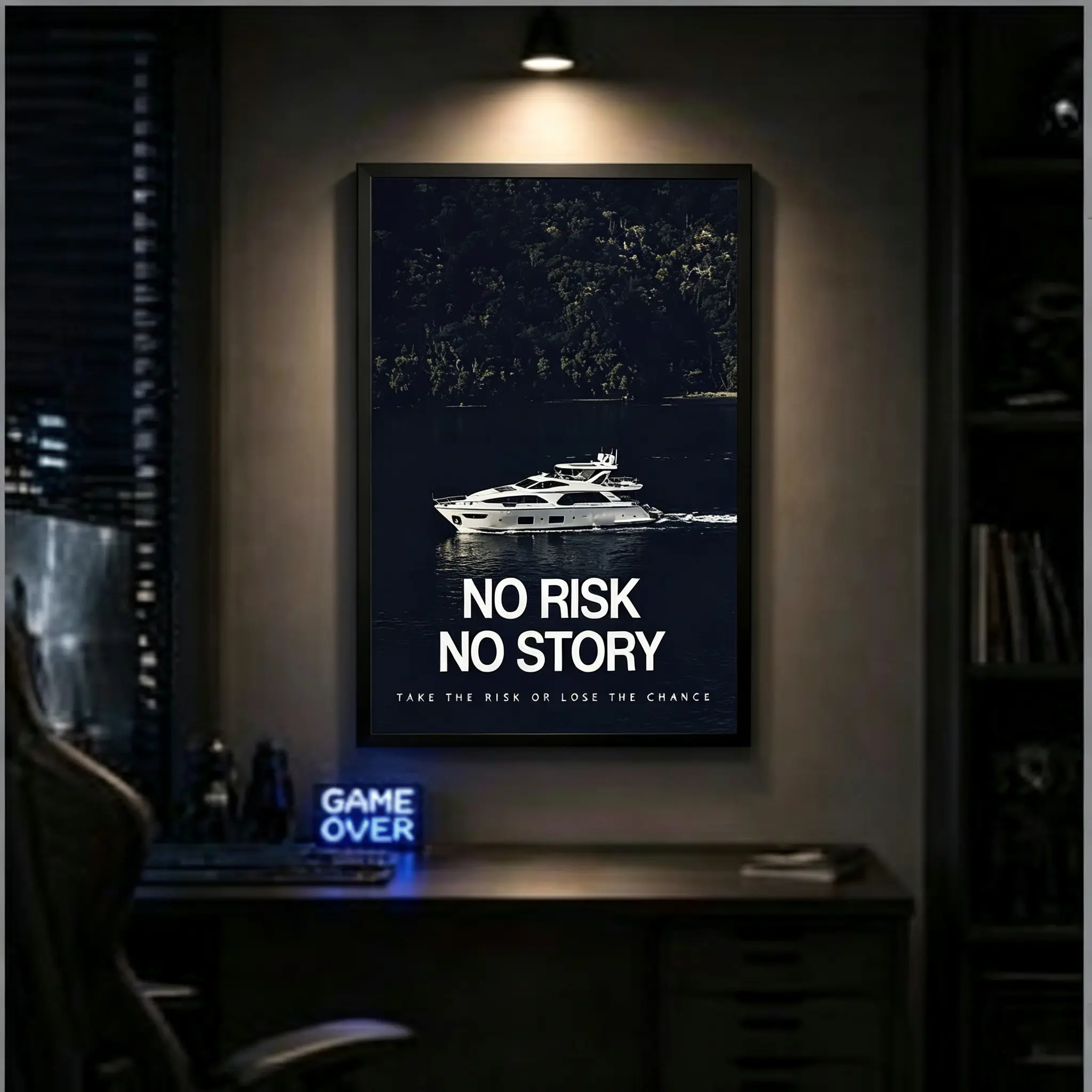 Living Room Bedroom Wall Decor "No Risk No Story" Motivational Wall Art Poster Luxury Yacht Aesthetic Canvas Print for Home Office Man Cave, Room Decor For Men