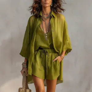 Summer lapel breasted nine-quarter sleeve cardigan deep V-neck vest shorts casual three-piece women's
