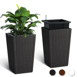 GARVEE 16 Inch Tall Planter Set of 2 Large Rattan Flower Pot with 2 Trays & a Water Level Monitor & Wheels Outdoor and Indoor for Patio, Porch, Living Room, or Home Office, Brown