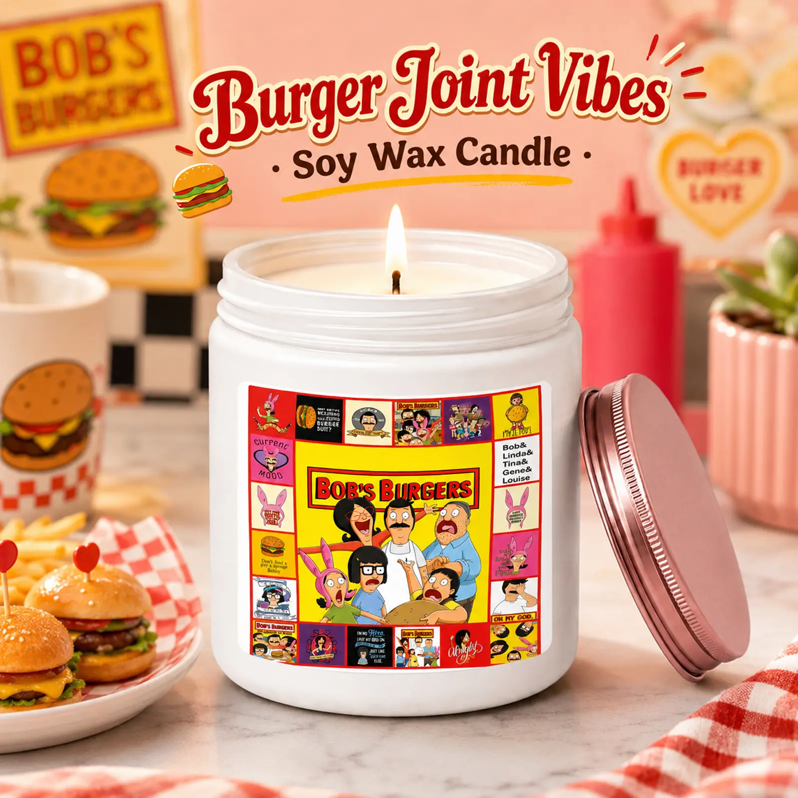1Pc Handmade Natural Soy Wax Candle - Funny Bob’s Burgers Scented, Hand-Poured Home Decor Fragrance, Back to School Gift for TV Show Fans, Casual Preppy American Retro Home Supplies, Deodorant Candle for Key Occasions