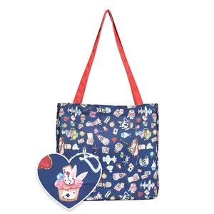 Blue Alice In Wonderland Print Canvas Tote Bag