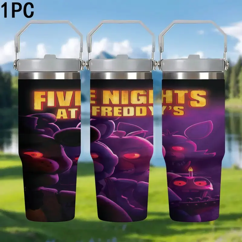 1pc 30oz Stainless Steel Insulated Thermal Cup with Handle, Large Capacity Thermos Mug, Horror Game Fans Gift, Five Nights at Freddy's Design