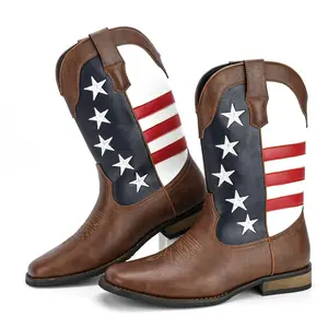 Mens Cowboy Boots Western Boots Chunky Heel Leather Stitching American Flag Design Big Size Riding Boots All Season Trendy