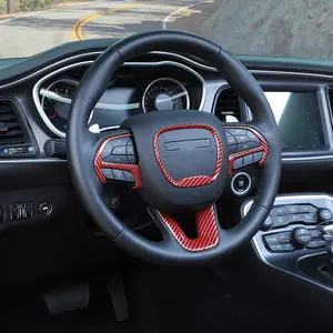 Steering Wheel Decor Cover Trim for Dodge Challenger & Charger 2015+ & Durango 2014+ Red Carbon Fiber Decorative Accessories Decal Automotive Vehicle Interior Kit
