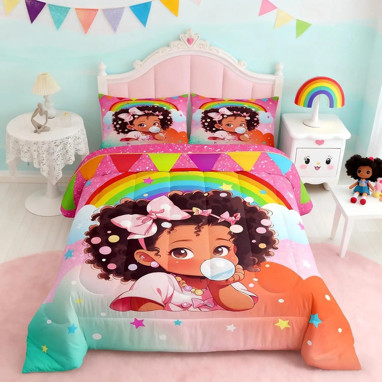 African Style American Comforter Set,Pink Black Bedding Comforter,Glitter Star Sky Rainbow Cloud Quilted Duvet Women Room Decor,Lovely Sweet Bedspread