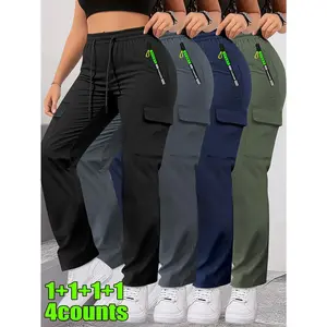 Women's 4-Piece Multi-Pocket Zipper Workwear Pants Set – High Waisted Drawstring Elastic Waist, Lightweight Breathable Straight Leg Casual Trousers for Outdoor, Work & Daily – Multiple Colors