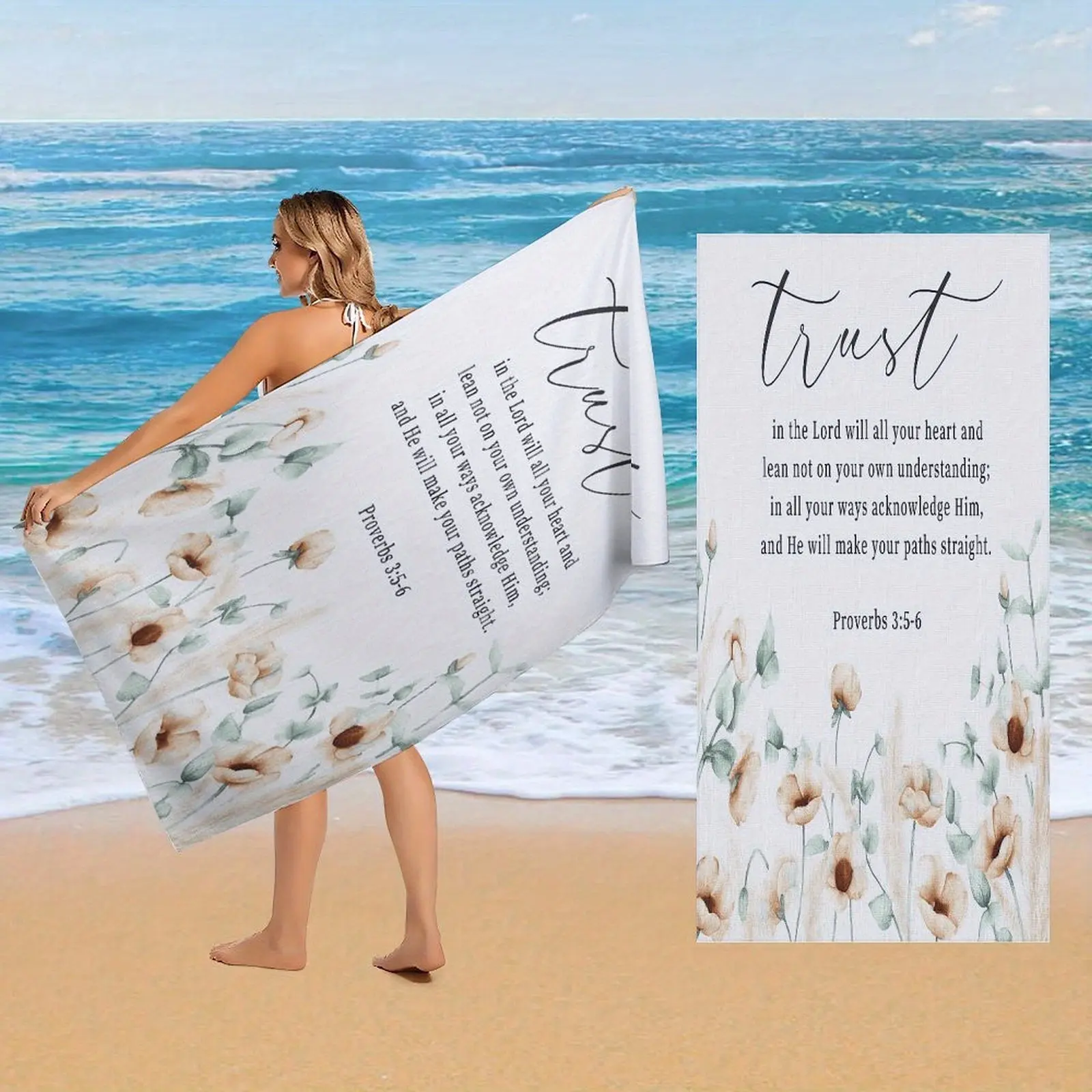 Creed Floral Bible Verse Beach Towel - Large Quick-Dry Bath Towel and Sports Towel with Floral Design (Beige/Lightweight Microfiber, Suitable for Pool, Gym, Travel - Christian Gift, Printed with the word "Creed")