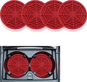 4PCS Silicone Car Coasters,Unique Spider Web Non-Slip Car Cup Holder Coaster Car Interior Accessories,Universal 2.75 Inch Car Drink Coaster for Women Men (Red)