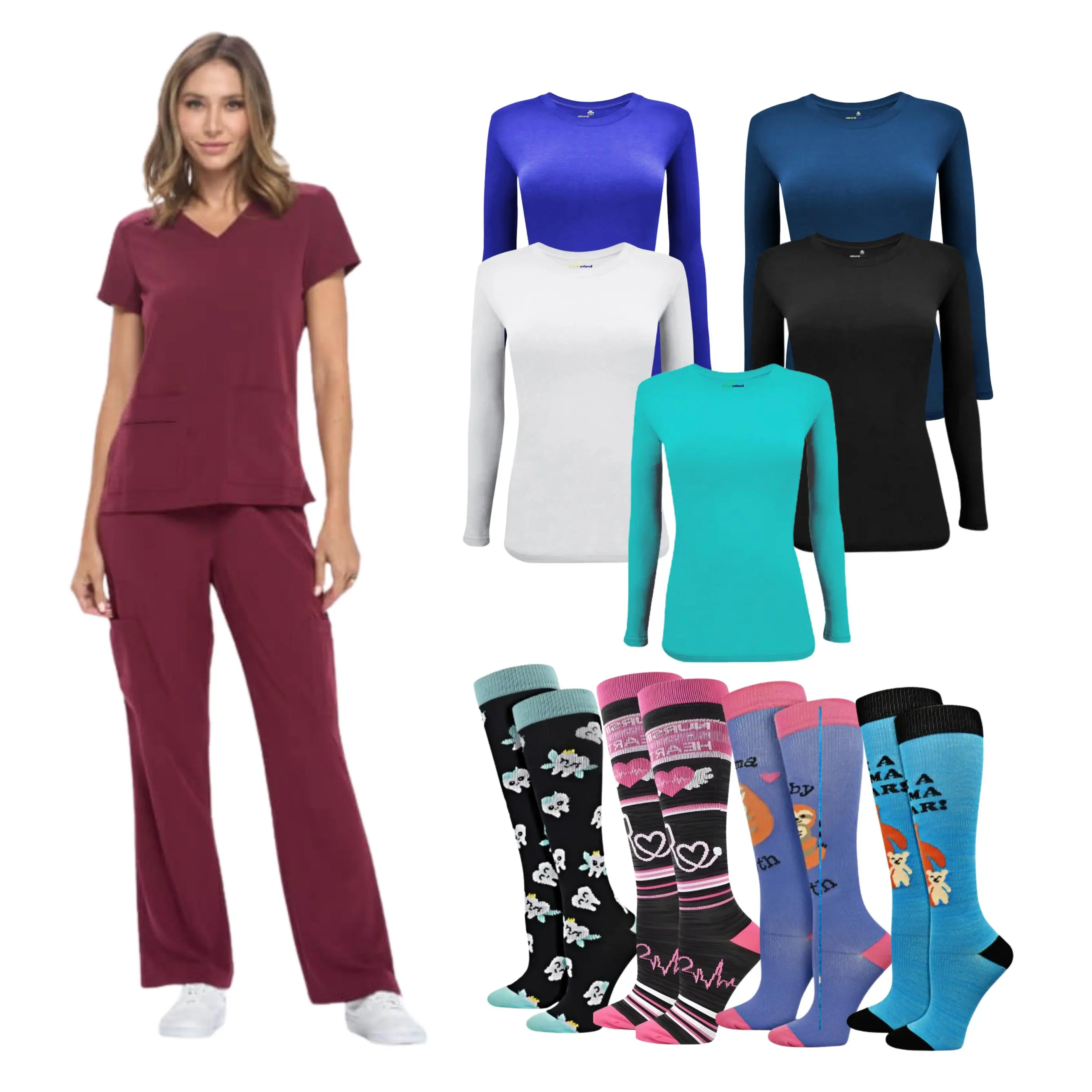 bundle item Women's 4-Piece Scrub Set, Comfortable Cool Stretch Cargo Workwear Top & Pants with Long-Sleeve Undershirt & Compression Socks, Cargo Set