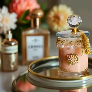 Vintage Bloom 12 oz Luxury Perfumed Soy Wax Candle with Faux Pearls Rhinestones & Crystal Pull Knob Choice of Clear Glass or Gold Wooden Lid
