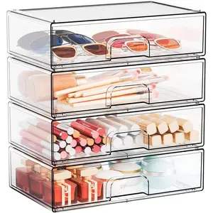 12.2''W Clear Stackable Storage Drawers,4 Pack Acrylic Drawers,Bathroom Organizer Bin and Plastic Makeup Organizer,Clear Stacking Brightroom Storage Boxes for Vanity,Cabinet,Pantry Organization