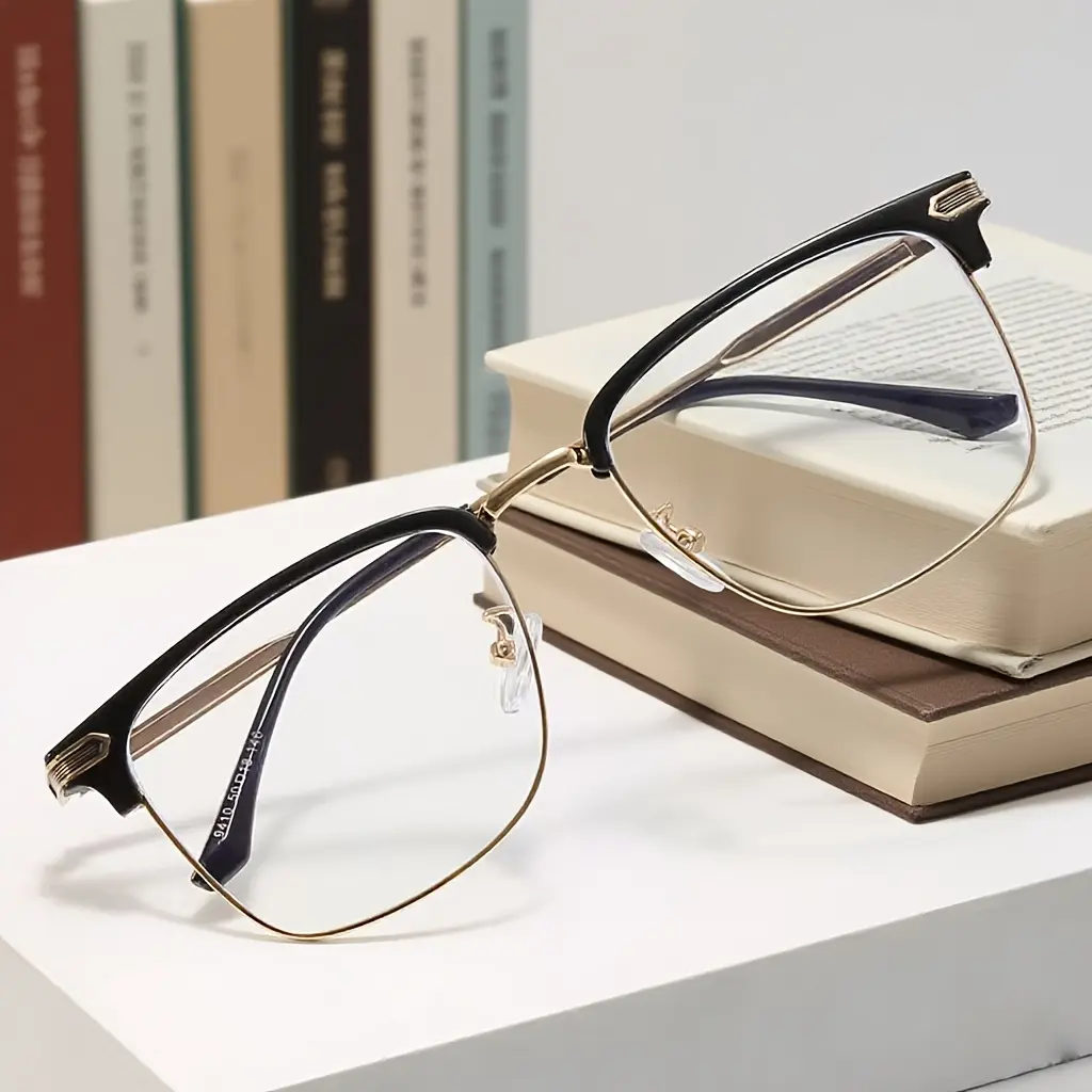 Unisex Full-Rim Quality Eyeglasses - Trendy Square Frame Style, Elegant Black Gold Metal Frame, Statement Eyewear for Daily School Use, Ideal Fashion Accessory Gift