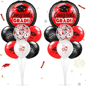 2 Set Red and Black 2025 Graduation Table Centerpiece Balloon Stand Kit Congrats Grad Foil Balloons for Graduation Party Supplies Decorations