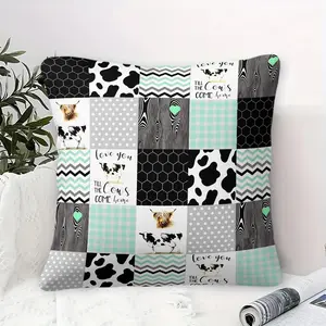 Highland Cow Patchwork Digital Print Throw Pillow, Mint Green Cow Cushion, Western Farmhouse Accent Pillow, Includes Pillow Core, Soft Boho Country Decor for Couch Bedroom, Great Gift for Cow Lovers