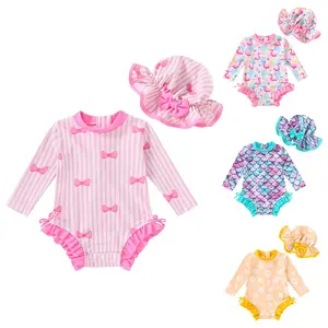 SummerVibes Infant Baby Swimsuit Girl Long Sleeve UPF 50+ Sun Protection One-Piece Rash Guard with Hat Zipper Bathing Suit Polyester And Spandex
