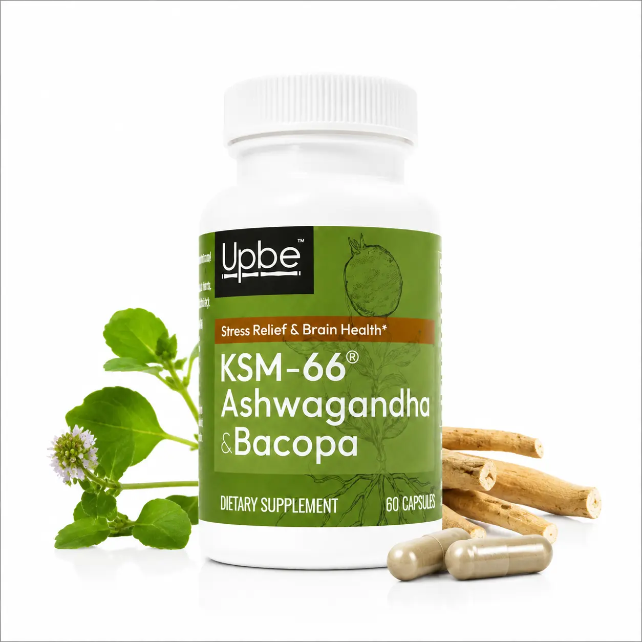 Upbe 3-in-1 KSM-66 Ashwagandha Supplements - Clinically Proven Herbal Wellness Blend with Bacopa & Milk Thistle, Natural Wellness Boost Stress Reliever Vegan Capsules (60 Count) for Sleep, Focus, Liver Support, Clinically Proven Supplement