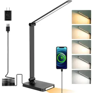 LED Desk Lamp with USB Ports,Touch Desk Lamps for Home Office with 5 Color Modes,3 Brightness Desk Light with Small Night Light,Reading Lamp Table Lamp for Bedroom Bedside Study Black （with adapter）