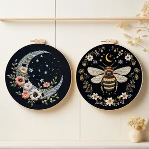 Bee & Flower Pattern Embroidery Kit, 1 Set DIY Embroidery Kit with English Teaching Paper, Cross Stitch Kit for Beginners, DIY Embroidery Supplies