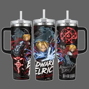 Fullmetal Alchemist Edward Elric Alphonse Elric Anime Stainless Steel Insulated Tumbler Cup, Equivalent Exchange Full Wrap Design, 20oz/40oz with Straw Lid, 40oz with Handle