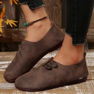 Women's Loafers Retro Button Slip-On Flat Shoes Soft Leather Comfortable Indoor Outdoor Loafers Casual Breathable
