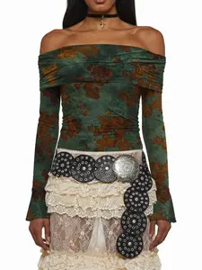 Women's Fashion Comfortable Vintage Floral Velvet One Shoulder Fitted Blouse, Long Sleeve Turn-Down Collar Top, Casual Elegant Chic