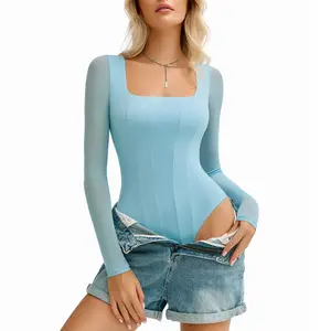Avidlove Women's Long Sleeve Bodysuits Square Neck One Piece Body Suit Mesh Leotard Tops Double Lined Soft