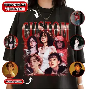 Women's Custom Bootleg Rap Round Neck T-Shirt - Casual Streetwear Top, Personalized Face & Name Graphic Tee, 90s Style, Birthday Gift For Him