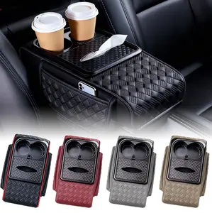 4 in 1 Universal Car Armrest Pad Center Console Box Cover Protector, PU Leather Hand Rest Cushion With Cup Holder & 2 Pocket, Multifunctional Car Middle Center Console Armrest Cover Pad Mat Protector Top