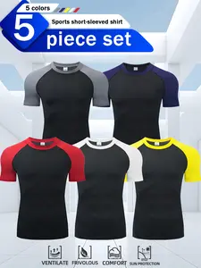 5pcs Men's High Elasticity Quick-Dry Breathable Athletic T-Shirts - 5 Color Block Sleeves (Grey/Red/Blue/Navy/Yellow) for Gym, Running & Summer Casual Wear, Workout Shirts, Gym Attire, Sporty Style, Comfortable Fit, Highelasticity Fabric