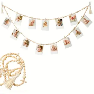 Bohemian Style Wooden Bead String Photo Display with 13 Clips Double Layer for Dorm Rooms Bedrooms Classrooms Rustic Home Decor Wall Art Boho Ornaments Hangable Decoration Friend