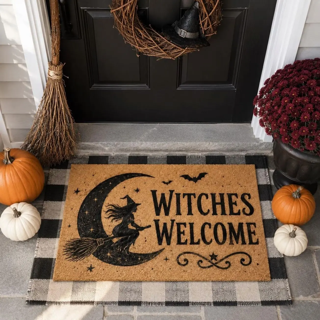 Witches Welcome Doormat,Halloween Witch Door Mat,Moon Broom Porch Mat,Spooky Entryway Decor,Fall Halloween Housewarming Gift