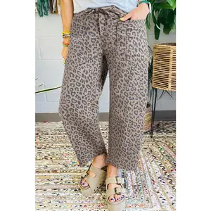 Khaki Leopard Printed Drawstring Waist Pocketed Wide Leg Jeans