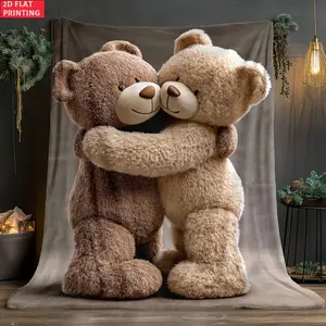 1pc Bears Embracing Each Other Portable Blanket |  Flannel, Digital Printed, Suitable for Travel, Camping, Living Rooms, Offices, Sofas, Chairs, and Beds - Soft and Warm Fabric