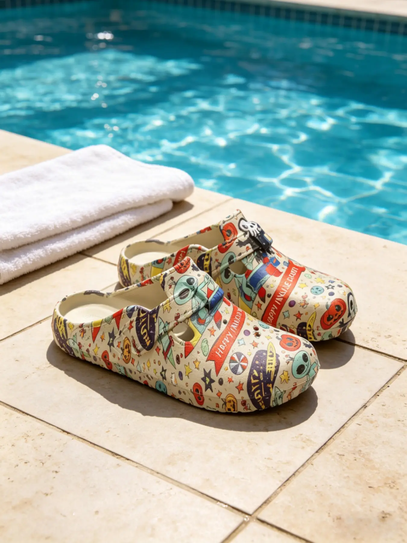 Parent-Child Space Graffiti Clogs, Cloud Clog, Playful Cool Style, EVA Material + Adjustable Strap + Non-Slip Sole, Parent-Child Compatible, Graffiti Eye-Catching , Ideal for Summer Daily Outfits & Parent-Child Leisure Scenarios