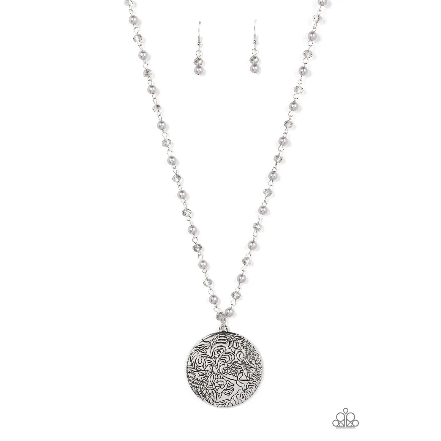 Paparazzi Secret Cottage Silver Necklace & Earrings Set - Floral Motif Medallion with Pearls & Crystal Beads Adjustable Clasp Closure