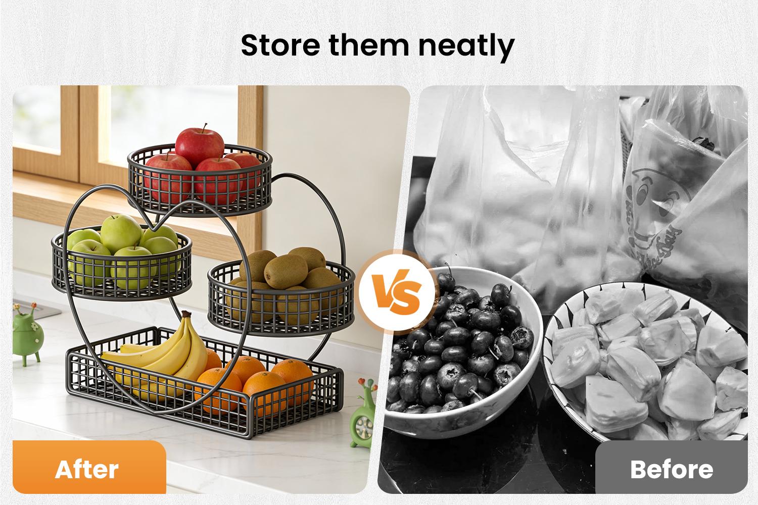 3-Tier Metal Frame Heart-Shaped Wire Mesh Open Basket Rack - Kitchen Countertop Organizer Storage, Fruit & Snack Holder, Decorative Solution, Mother's Day Gift Ideas Ideal Gift with Storage Bag