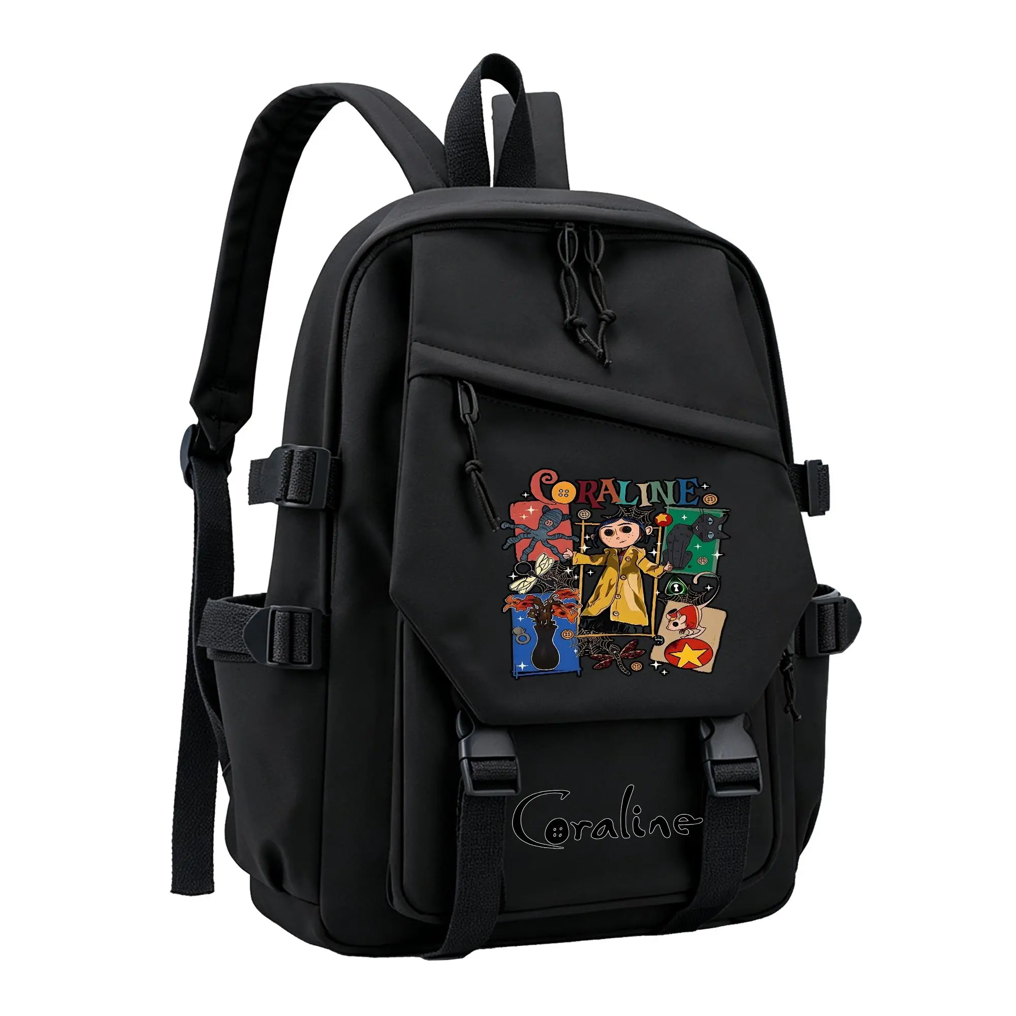 Coraline Graphic Backpack for Girls, Y2K Black School Bookbag with Keychain, Waterproof Travel Laptop Bag for Teens College d-7