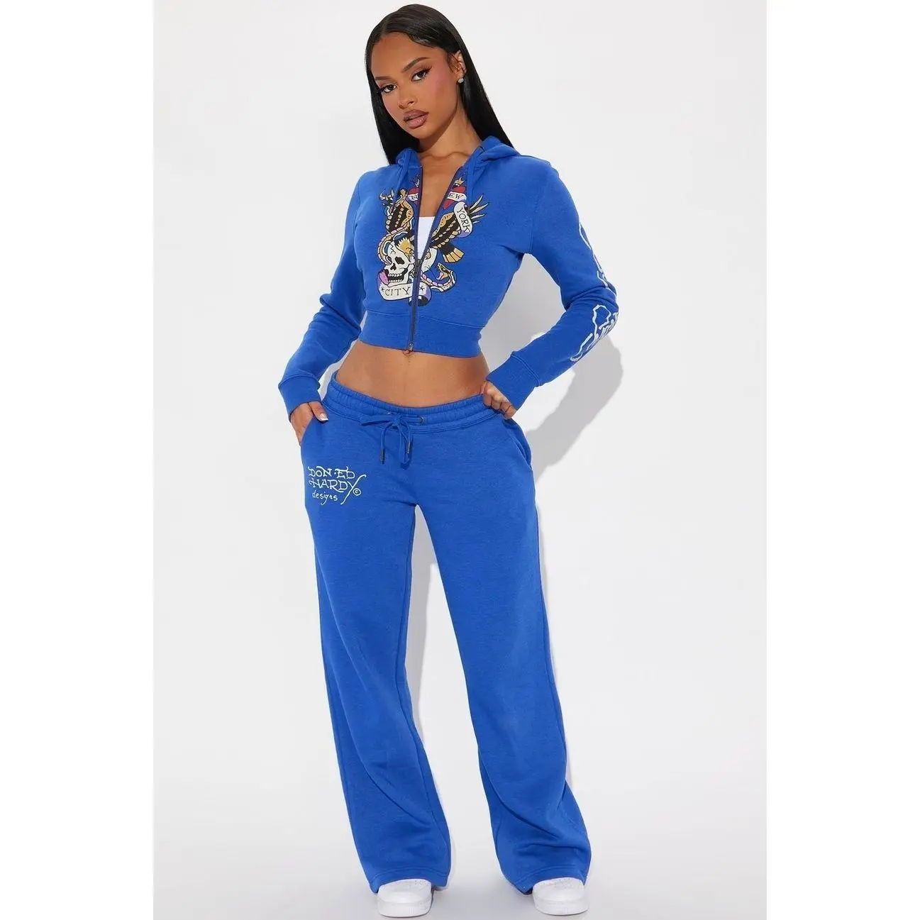 Women's Ed Hardy Flying Skull Graphic 2-Piece Garment Set - Royal, Sweatshirt Included, Size S
