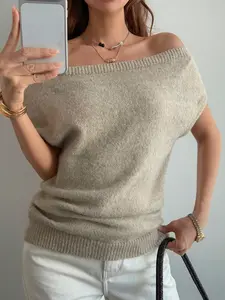 Spring Summer Oatmeal Color One-Shoulder Knit Top, Loose Short Sleeve Soft Pullover, Fashion Fitted Solid Pattern Knitwear
