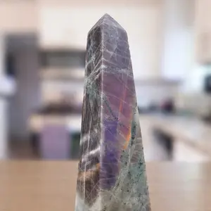 Purple Flash Labradorite Obelisk - Natural Stone for Energy Healing and Meditation 2 lbs Polished Tower with Multi-Color Flash Faces