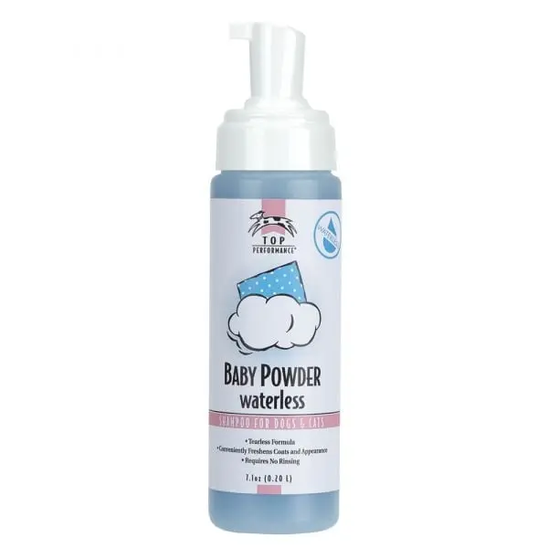 Top Performance TP2766 Pet Waterless Shampoo - 7.1 oz, Tearless, Rich-Lathering, Conveniently Cleans, Freshens Coats, Safe for Puppies and Kittens Over 6 Weeks, Baby Powder Scent