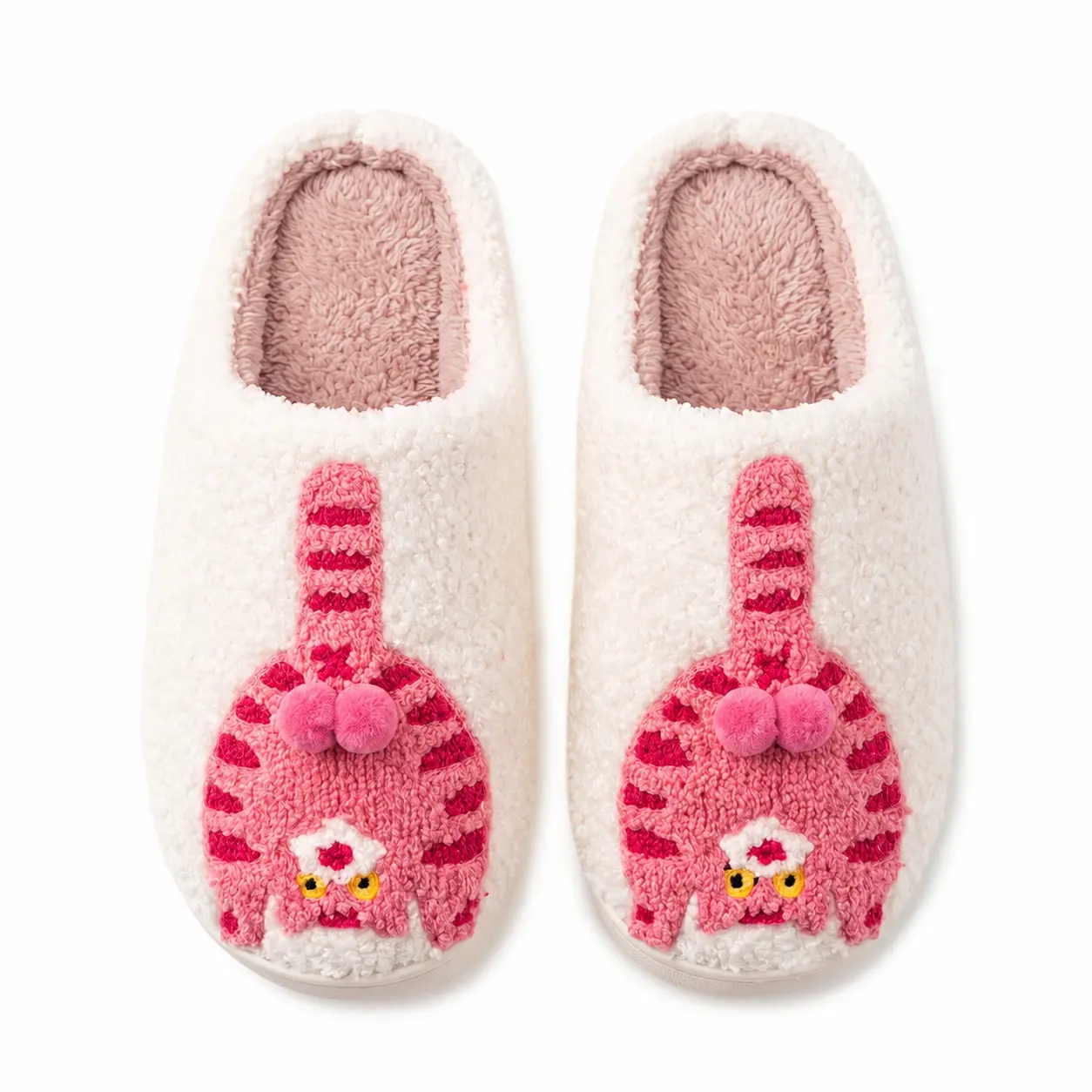 Cute Striped Pet Cat Plush Slippers for Women, Thick Warm Lining, Embroidered Tail, Non Slip Soft Sole, Perfect for Home Use