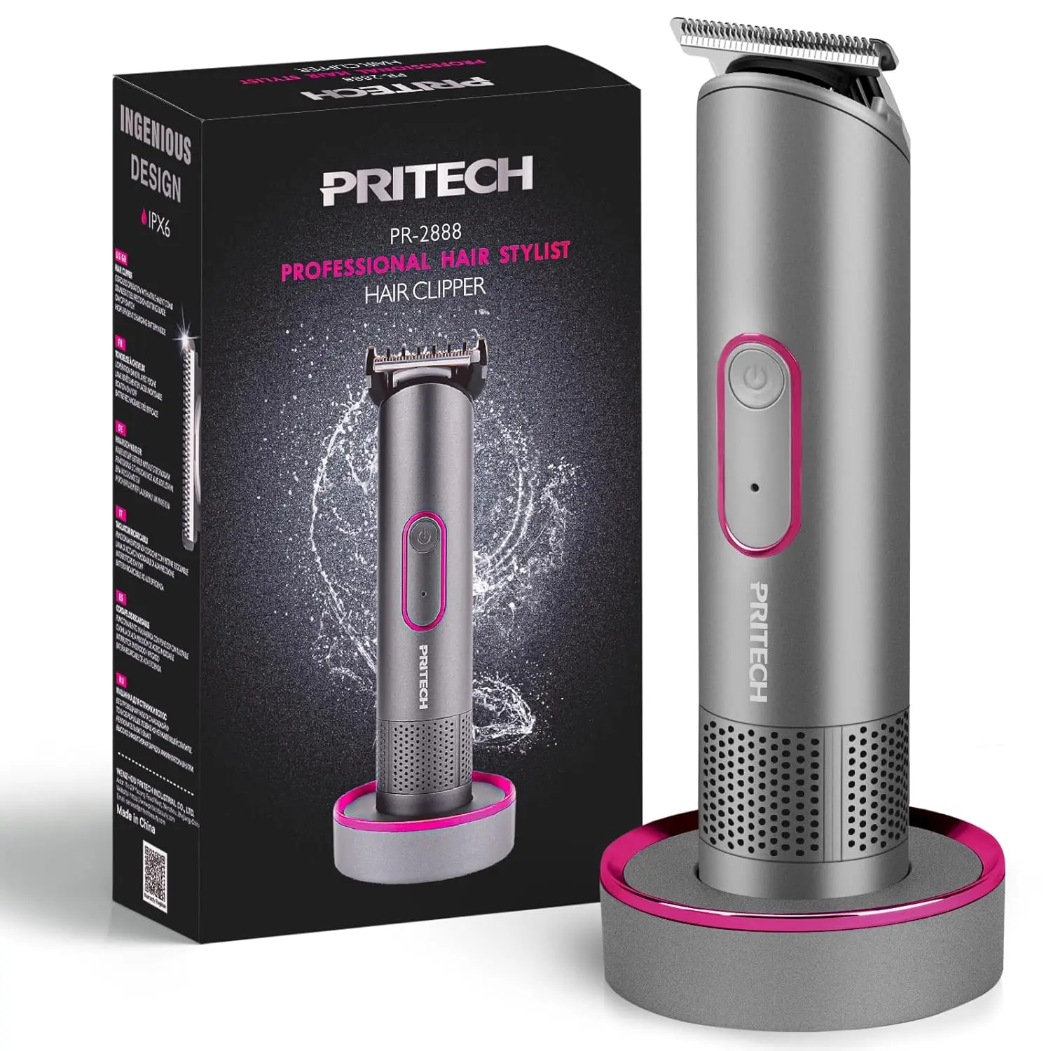 PRITECH Women's Rechargeable Bikini Trimmer - IPX6 Waterproof Stainless Steel Sensitive Skin Pubic Hair Shaver for Bikini Hair Removal, Wet & Dry Pain-Free Shave Razor with Standing Charge Dock, Cleaning Brush, Styling Comb, Ideal Aurora Gray Gift, Batter