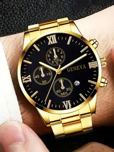 4PCS Men’s Gold Roman Quartz Watch & Jewelry Set – Calendar, Necklace, Bracelet & Ring