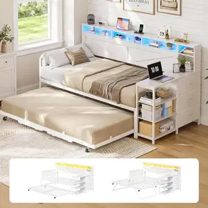 AOGLLATI Daybed with Pop Up Trundle, Farmhouse Day Bed with 3 Storage Drawers and Charging Station, Twin to King Daybed Frame with Shelves and LED Lights for Bedroom, Oak White