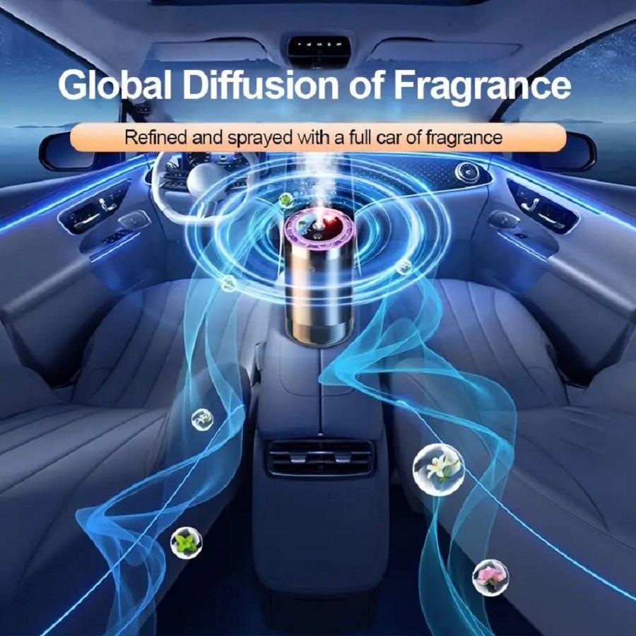 This smart car fragrance diffuser combines an air freshener, aromatherapy diffuser, humidifier, starry sky projector, and ambient lighting into one device. It can keep the air inside the car fresh for a long time