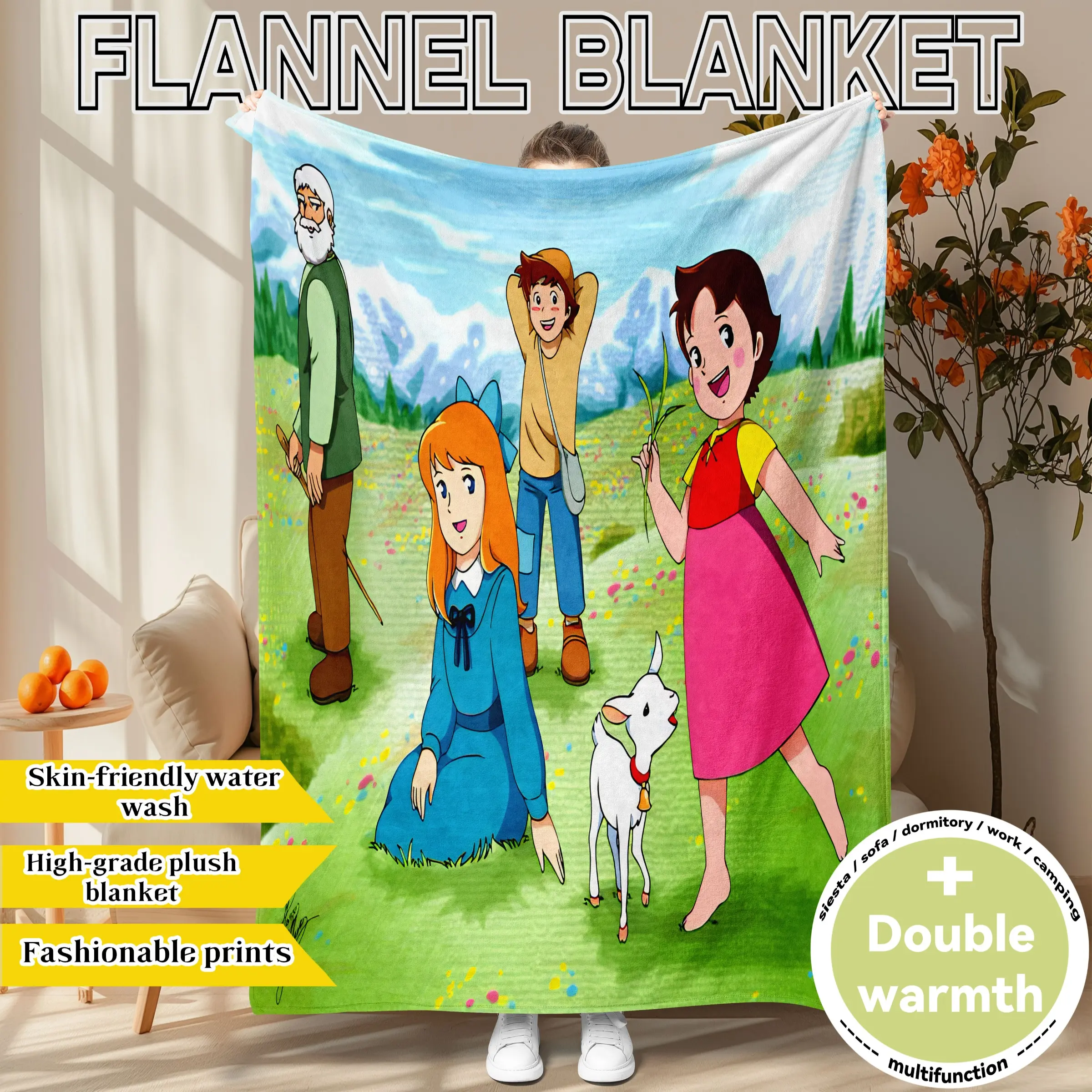 "Pastoral Mountain Fun" print. "Heidi, Girl of the Alps" themed Collage Flannel Throw Blanket. Soft, plush, and oversized for warmth. Perfect for home, office, travel, or as a holiday gift. All-season use and machine washable. Soft Cozy Blanket