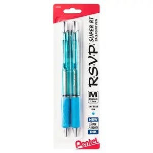 RSVP Super RT Ballpoint Pen, (1.0mm) Medium Line, Sky Blue Ink, 2-Pk